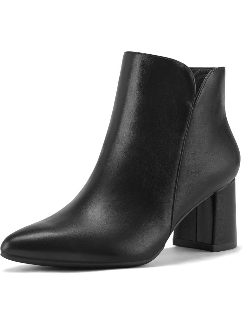 Women's Black Pu Ankle Boots Chunky Block Heel Pointed Toe Booties Side Zipper